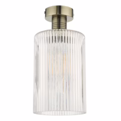 Dar Lighting Emerson Semi Flush Ceiling Light In Antique Brass With Cylinder Ribbed Glass EME4875-E01