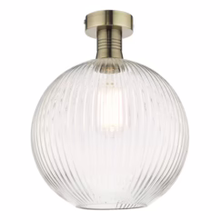 Dar Lighting Emerson Semi Flush Ceiling Light In Antique Brass With Round Ribbed Glass EME4875-E02