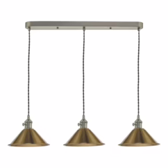 Dar Lighting Hadano 3 Light Bar Ceiling Pendant Light In Antique Chrome With Brass Shades