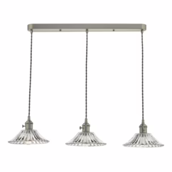 Dar Lighting Hadano 3 Light Bar Ceiling Pendant Light In Antique Chrome With Flared Glass Shades