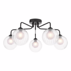 Dar Lighting Feya 5 Light Semi Flush Ceiling Light In Matt Black With Clear And Opal Glass