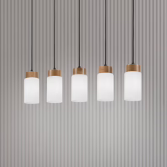 Lamkur Lighting Markus pendant light, opal glass/oak wood, length 100 cm, 5-bulb.