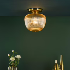 Dar Lighting Abrielle Ceiling Flush Light In Brushed Bronze With Amber Ribbed Glass