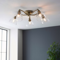 Endon 97248 Hansen 5 Light Flush Ceiling Light In Antique Brass With Clear Glass