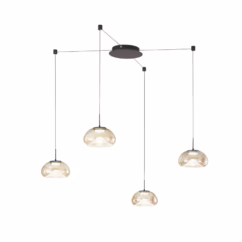 Fabas Luce Brena LED pendant light, 4-bulb, cognac, glass, CCT, dimmable