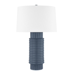 Broderick 1-Light Table Lamp in Aged Brass With Grey Blue Reactive Ceramic