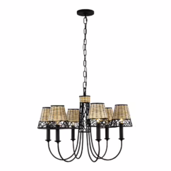 Cayman 6-Light Transitional Chandelier in Black and Natural Rattan