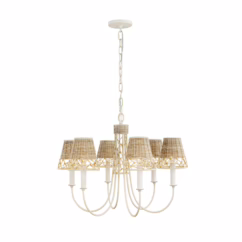 Cayman 6-Light Transitional Chandelier in Country White and Natural Rattan