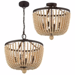 Rylee 4-Light Ceiling Light in Forged Bronze with Natural Wood Beads Crystals